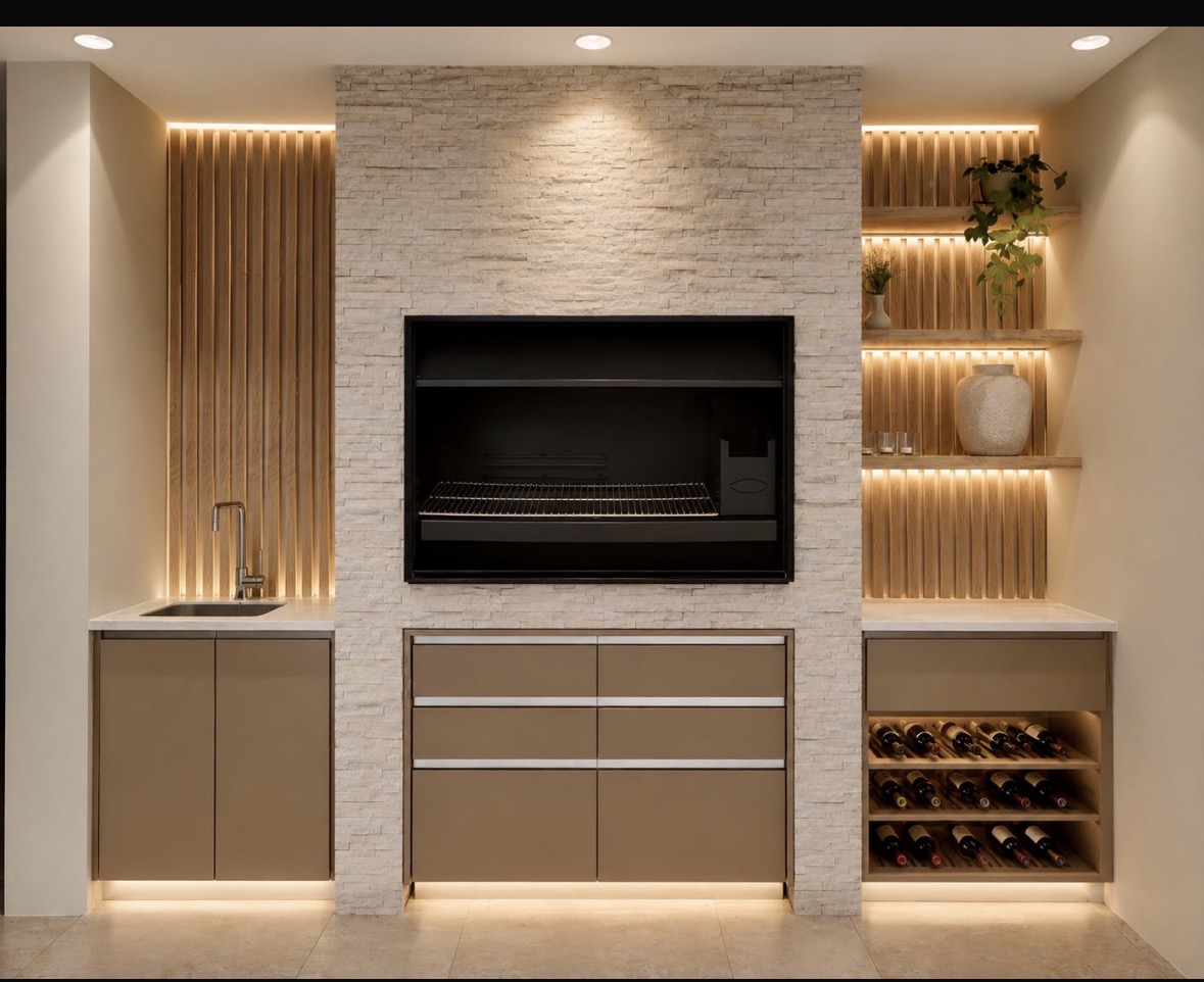 Modern built-in braai kitchen with stone wall, sink and wine storage