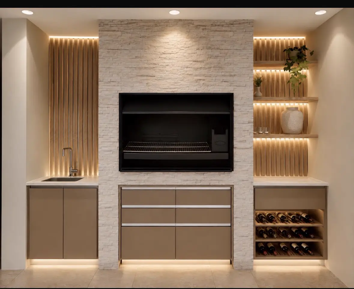 Modern built-in braai kitchen with stone wall, sink and wine storage